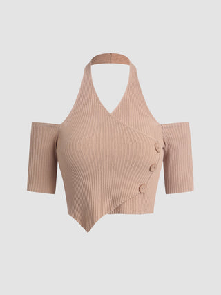 Off-Shoulder Knit Crop Halter Top