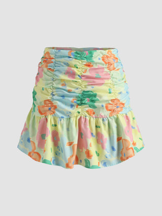 Floral Print Ruched Mini Skirt