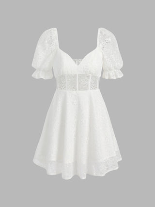 Floral Lace Hollow Out Puff Sleev Dress
