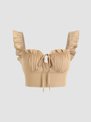 Drawstring Shirred Ruffle Trim Top