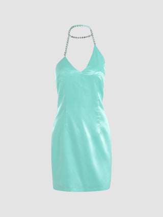 Satin Rhinestone Halter Dress