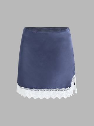 Satin Lace Hem Skirt