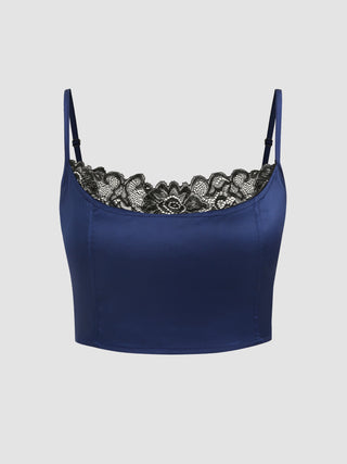Satin Lace Trim Zipper Tank Top