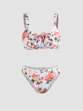 Romantic Floral Tie Front Bikini Swimsuit