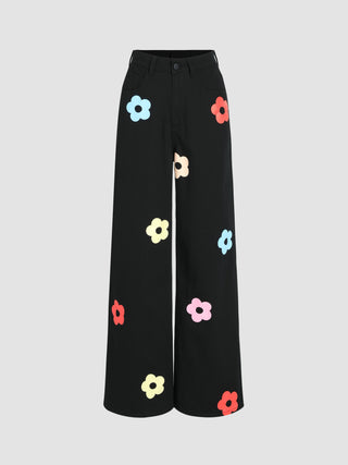 Denim Mid Rise Floral Pattern Wide Leg Jeans