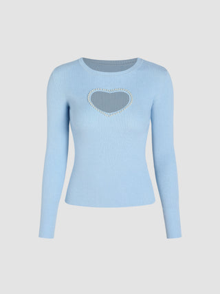 Heart Pattern Cut Out Faux Pearl Sweater