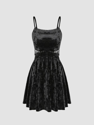 Velvet U-neckline Bead Tassel Mini Dress