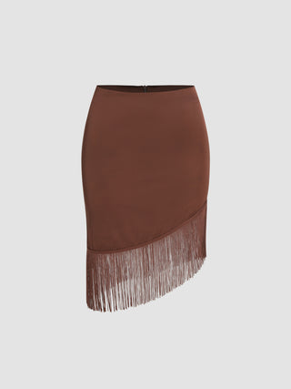 Satin Solid Tassel Zip Up Mini Skirt