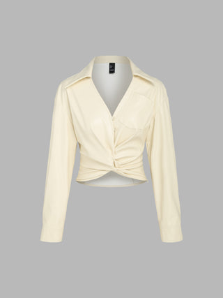 Faux Leather Solid Twist Ruched Crop Jacket