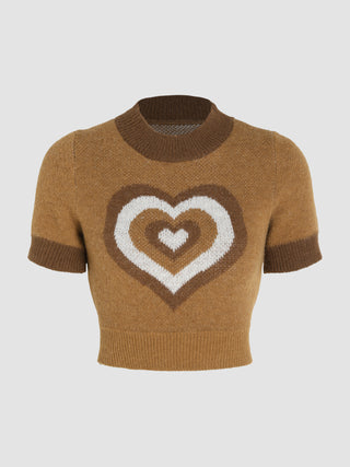 Heart Pattern Knitted Long Sleeve Crop Sweater