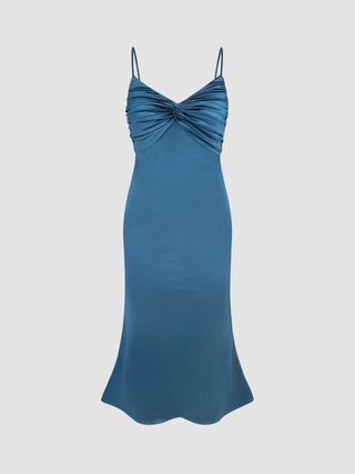 Satin Solid Twist Ruched Tie Back Midi Dress