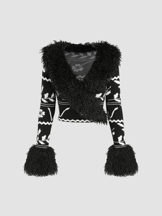 Fluffy Floral V-neck Knitted Crop Top