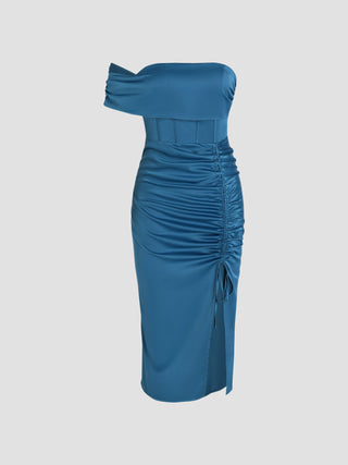 Satin Drawstring Split Midi Dress