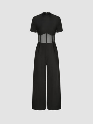Mesh Stand Collar Short Sleeve Jumpsuit