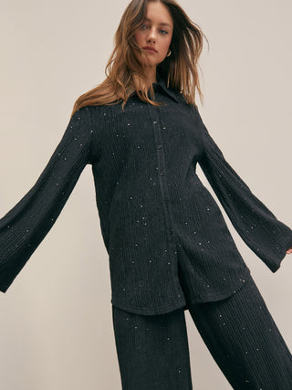 Glitter Collar Button Down Blouse