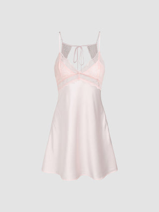 Satin Solid Lace Tie Back Slip Nightdress