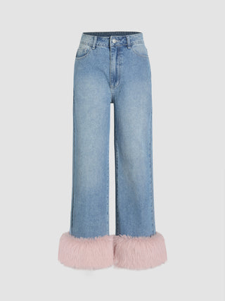 Mid Rise Faux Fur Trim High Waist Straight Leg Jeans
