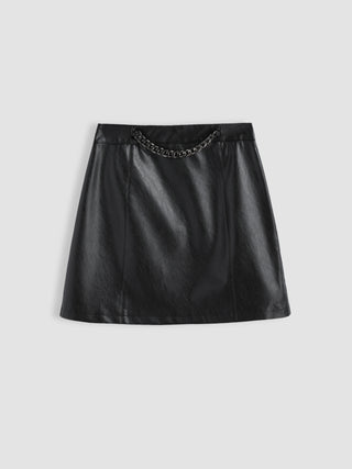 High Waist Faux Leather Chain Mini Skirt