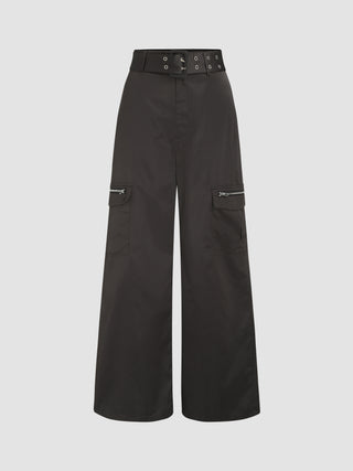 Satin Pocket Belted Wide Leg Cargo Trousers