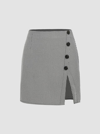 Houndstooth High Waist Slit Mini Skirt