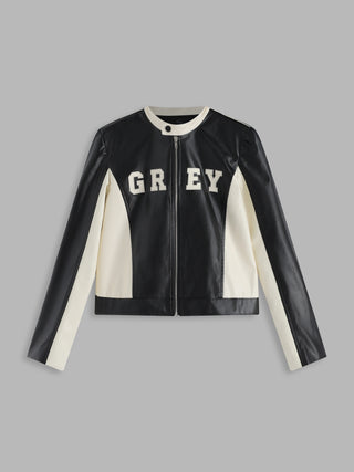 Faux Leather Contrasting Zipper Jacket