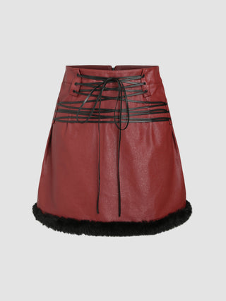 Faux Fur Trim Faux Leather Lace Up Mini Skirt