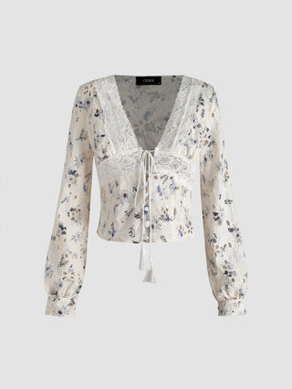 Floral V-neck Lace Drawstring Blouse
