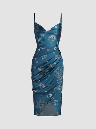 Satin Cowl Neck Graphic Ruched Midi Dress