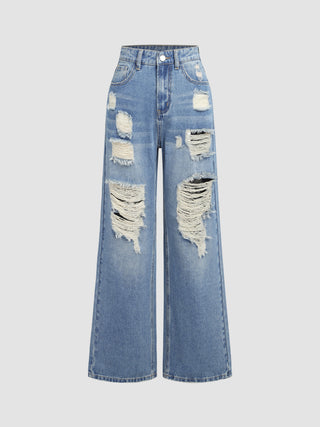 Denim Mid Rise Solid Ripped Wide Leg Jeans
