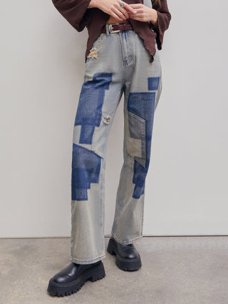 Mid Rise Patched Straight Leg Jeans