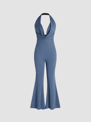 Glitter Halter Backless Flared Jumpsuit