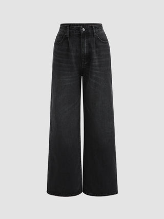 Denim Mid Rise Solid Wide Leg Jeans