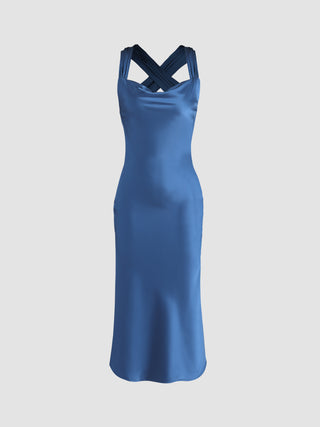 Satin Cowl Neck Back Cross Tie Back Maxi Dress