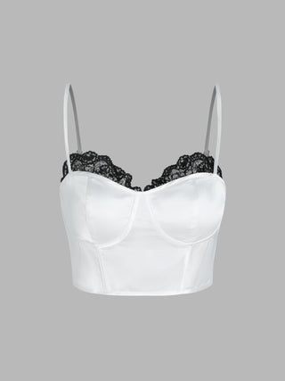 Satin Lace Trim Crop Cami Top