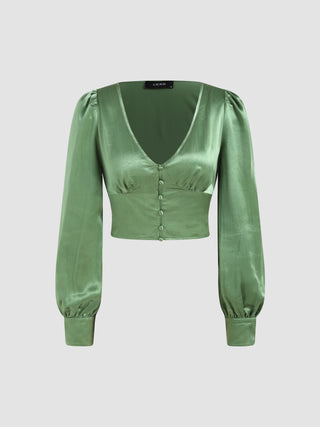 Satin V-neck Button Up Long Sleeve Crop Blouse