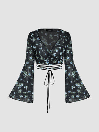 Floral V-neck Waist Tie Blouse
