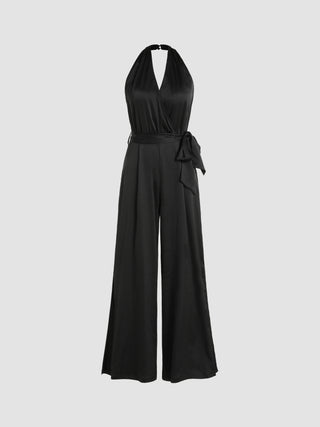 Satin Bowknot Halter Wide Leg Jumpsuit