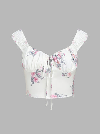 Floral Sweetheart Tie Up Crop Blouse