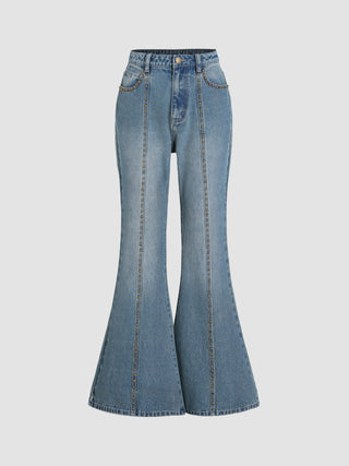 Denim Mid Rise Beaded Stitch Flared Trousers