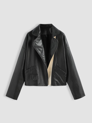 Faux Leather Notched Collar Zip Up Jacket