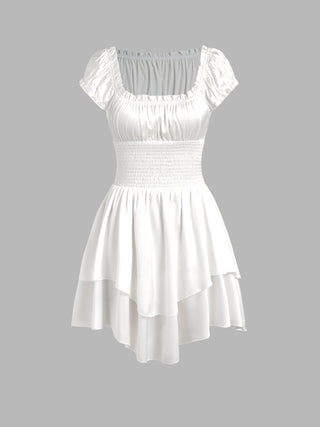 Satin Short Sleeve Smocked Short Dress