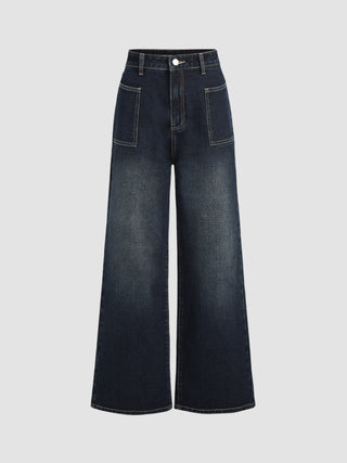 Mid Rise Solid Denim Wide Leg Jeans