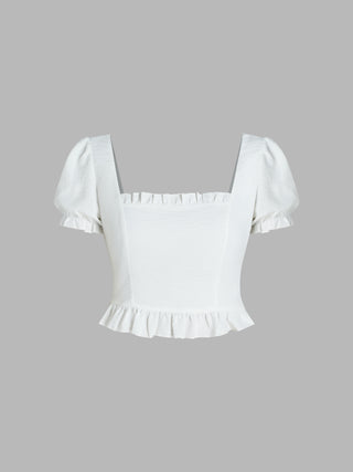 Ruffle Trim Short Sleeve Crop Blouse