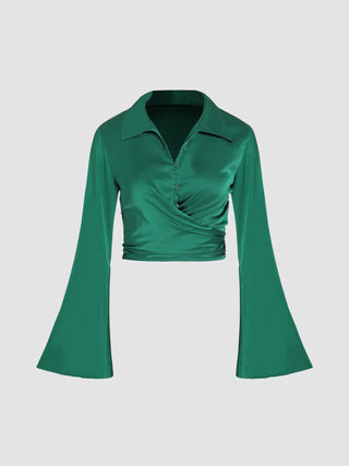 Satin Solid Collar Cross Blouse
