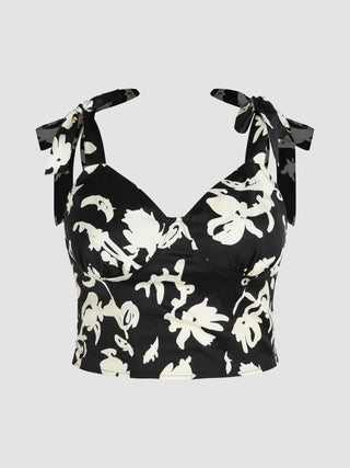 Satin V-neck Floral Knotted Crop Top Curve & Plus