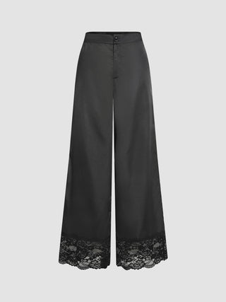 Satin Lace Trim Wide Leg Trousers