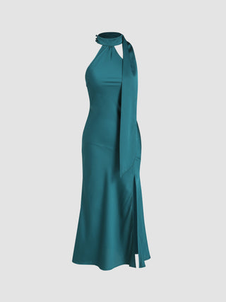 Satin Solid High Neck Split Midi Dress