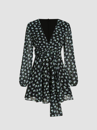 Floral V-neck Knotted Mini Dress