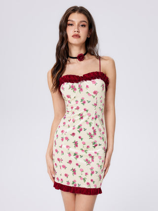 Satin Ruffle Trim Rose Cami Short Dress