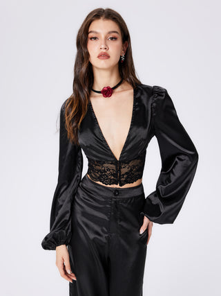 Satin Deep V Lace Crop Top